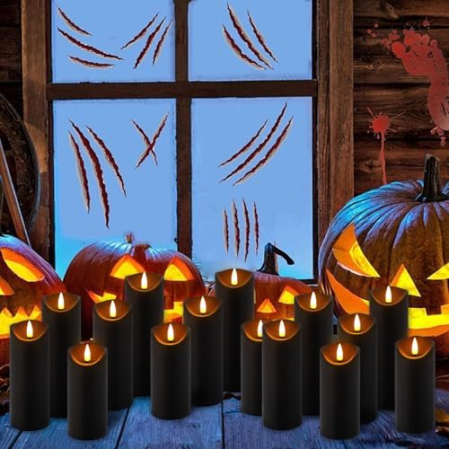 YOROXRG 12 Pack Halloween Decoration Flickering Flameless Candles, Battery Operated LED Pillar Candles with Remote Control and Timer.for Home Decor (D2.2 xH 5" 6" 7" Black) - Image 2