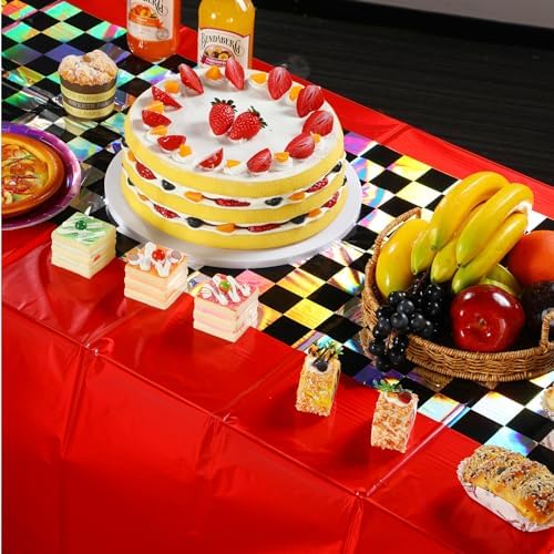 3Pack Iridescent Race Car Plastic Tablecloth, Disposable Shiny Laser Red and Black Checkered Table Cloth, Holographic Foil Rectangle Tablecloth for Race Car Boys Birthday Party Decorations, 54x108Inch - Image 5
