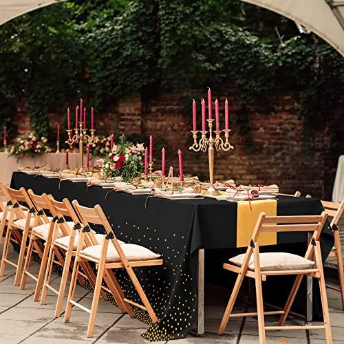 8Pack Disposable Plastic Tablecloths and Satin Table Runner Set Black Gold Dot Table Cloth Gold Satin Table Runner for Graduation Wedding Birthday Baby Shower Anniversary Holiday Party Decorations - Image 6