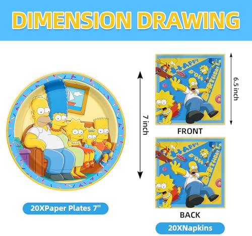Simpsons Party Supplies 40pck include 20 plates, 20 napkins for the birthday Simpsons party decoration - Image 2