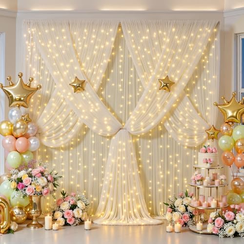 Champagne Tulle Photo Backdrop Curtain with Lights String for Parties Wedding Bridal Shower Sheer Champagne Curtain Backdrop for Birthday Baby Shower Photo Booth Photography 10ft x 8ft - Image 3