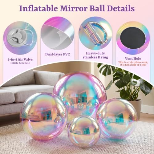 3PCS Inflatable Mirror Ball Set,Reusable Mirror Ball Large Event Decoration PVC Ball with Electric Pump for Party,Concerts,Stage,Wedding Decorations(Iridescent, 3pcs:19.7In+31.5In+47.2In+Pump) - Image 4