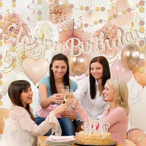 Champagne-Gold Beige Fall Boho Birthday Party Decorations 62pcs Happy Birthday Banner, Peach White Paper Lanterns, Streamers, Tissue Pom Poms, Blush Beige Boho Party Balloons, Rustic Backdrop Decor - Image 4