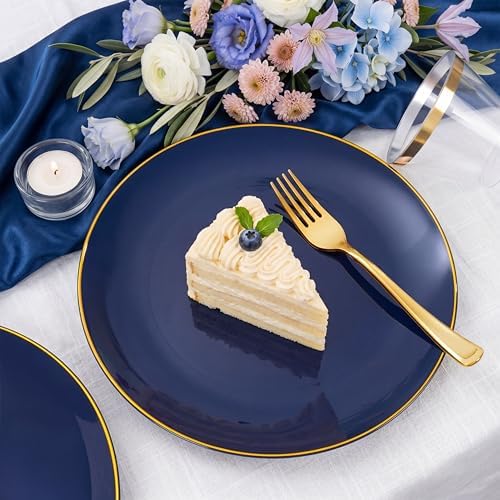 NOCCUR 350PCS Navy Blue Plastic Plates - Blue Disposable Dinnerware Set for 50 Guests, 100 Dinner/Dessert Plates, 150 Gold Silverware, 50 Cups&50 Napkins for Party/Wedding/Graduation/Independence Day - Image 4