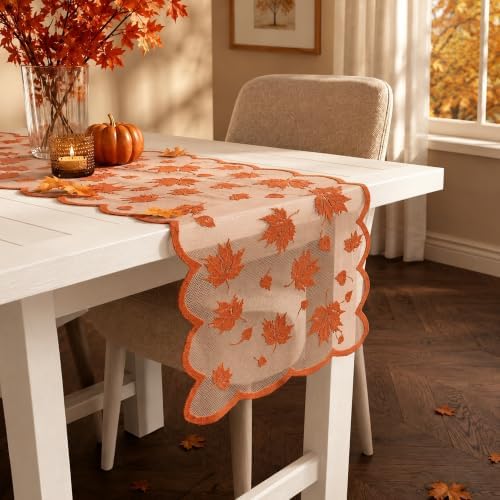 Fall Decorations for Home - Orange Lace Fall Leaves Table Runner - Image 4