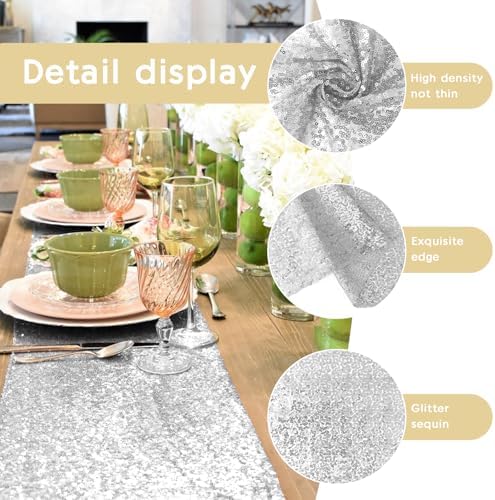 10 Packs 12 x 72 inches Sequin Table Runner, Silver Glitter Table Runner for Birthday Party Supplies Wedding Engagement Baby Shower Holiday Celebration Event Decorations - Image 4