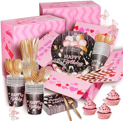 Black Pink Birthday Decorations For Women ,Rose Gold and Black Party Decorations Kit,Happy Birthday Supplies Set-Tableware Pack, Balloon Pump, Banner, Fringe Curtain For 12 Guest - Image 6