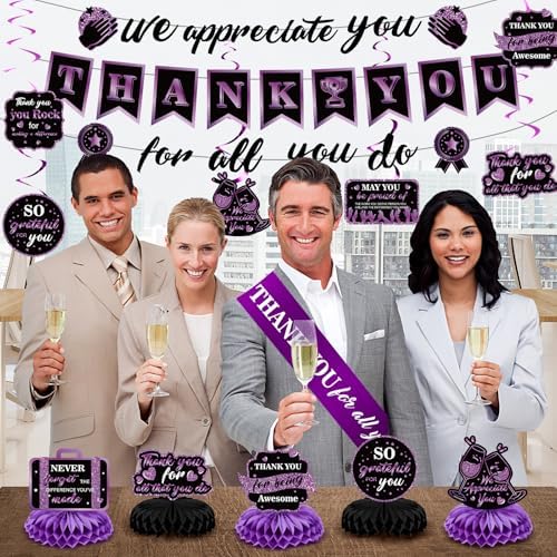 Purple We Appreciate You Decorations Black Purple Thank You for All You Do Banner Honeycomb Centerpieces Hanging Swirls Employee Staff Appreciation Gift Pastor Teacher Doctor Graduation Party Decor - Image 4