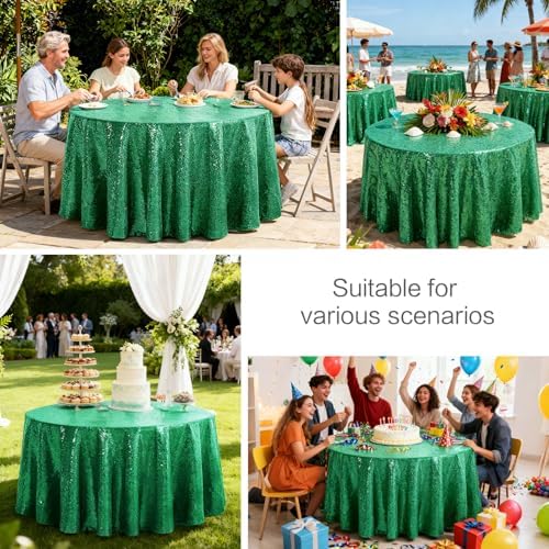 Pufogu 120" Round Grass Green Sequin Tablecloth Glitter White Table Cloths for Birthday Wedding Bridal Baby Shower Party Decorations - Image 2