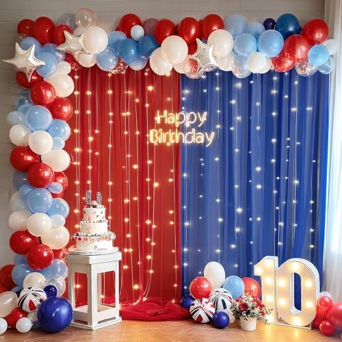 10x10ft Royal Blue Red Tulle Backdrop Curtain with Lights String for Parites, Sheer Photo Backdrop Curtains with lights for Wedding Backdrop Ceremony Reception Bridal Shower Baby Shower Birthday Party - Image 3