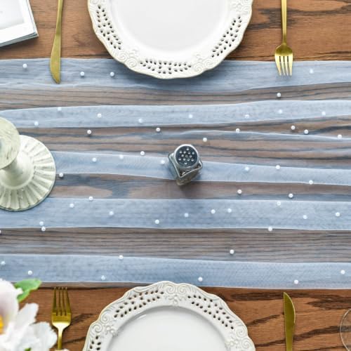 Artoid Mode Pearl Blue Gauze Table Runner 59x120 Inch , Seasonal Sheer Kitchen Dining Holiday Wedding Birthday Baby Shower Table Decor for Home Party - Image 5