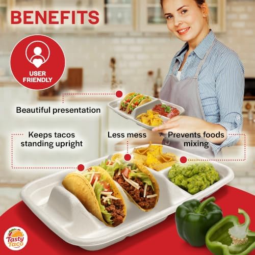 White Disposable Taco Plates for 2 Tacos & 2 Sides – 25 PACK | Premium Paper Plates with Dividers, Fiesta Taco Holder, Taco Stand for Taco Tuesday & Taco Bar Serving Set Taco Plates (25 Plates, White) - Image 4