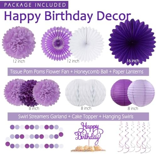 Purple Birthday Decorations for Women Girls,Happy Banner,Lilac Paper Lanterns Tissue Pom Poms Flower Fan,Purple White Balloon Décor For 40th 50th Anniversary Princess Backdrop Party Supplies - Image 3