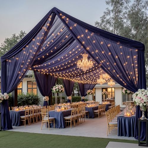 6 Panels Dark Blue Ceiling Curtains with Lights for Weddings - 5ftx30ft Wrinkle-Free Tulle Fabric Wedding Arch Draping Ceiling Drapes Decorations for Wedding Party Ceremony Stage Tent Event - Image 6