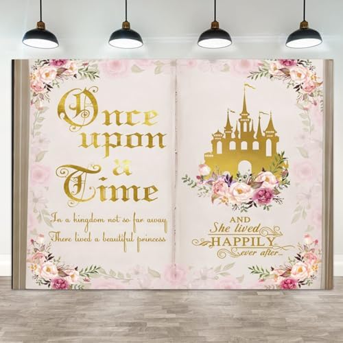15x8ft Once Upon a Time Backdrop Pink Flower Gold Castle Photography Background Fairy Tale Books Floral Princess Girls Birthday Banner Decorations Fairytale Wedding Portrait Photo Booth Prop by ASDCXZ