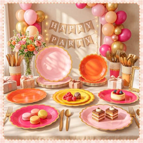 Mimorou 338 Pcs Pink Orange Yellow Plates and Napkins Party Supplies for 48 - Image 2