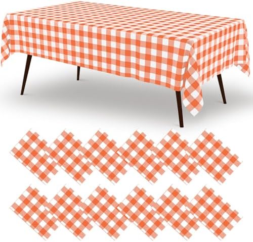 misaya 12 Packs Orange White Buffalo Gingham Plastic Disposable Table Cloth by misaya