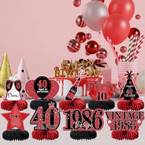 9Pcs 40th Birthday Decorations Red and Black 40th Birthday Party Decorations for Women,Happy 40 Years Vintage 1986 Aged Honeycomb Centerpieces Table Sign Decor Supplies - Image 5
