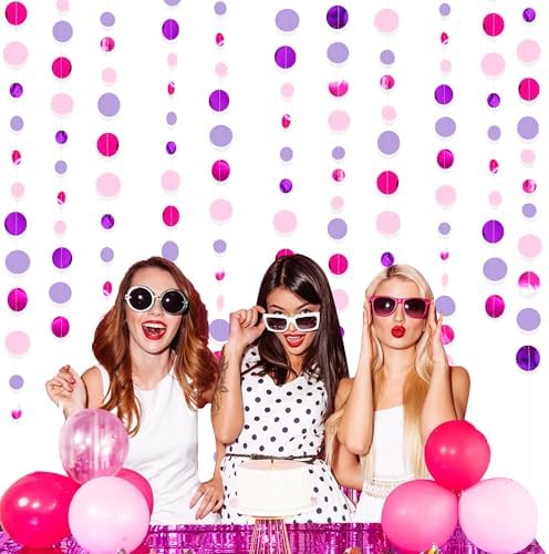 Pink and Purple Party Decorations Circle Dots Garland Hot Pink Lavender Hanging Polka Dot Streamer for Birthday Bridal Shower Wedding Bachelorette Anniversary Party Supplies - Image 7