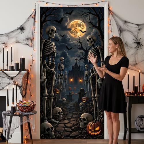 Halloween Skeleton Door Banner, Spooky Graveyard Backdrop for Front Porch - Image 5