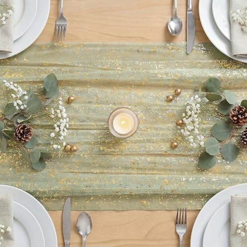 Artoid Mode Sage Green Gold Gauze Table Runner 59x120 Inch 10FT, Glitter Metallic Foil Sheer Dining Wedding Anniversary Holiday Birthday Table Decor for Home Party - Image 5