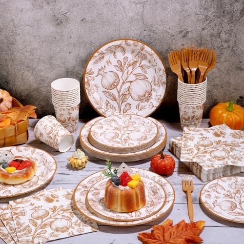 Kochorie 144 Pieces Thanksgiving Vintage Floral Party Supplies, Orange Tableware Sets Including Fall Disposable Pomegranate Paper Plates Napkins Cups Forks Serves 24 for Wedding Fall Party Decorations - Image 4
