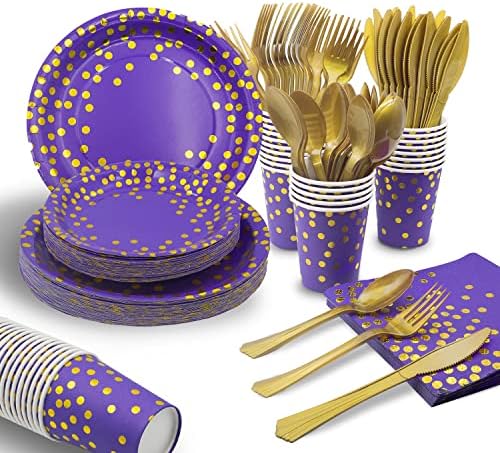 AIRE Purple Gold Paper Plates Set, 175PCS Disposable Dinnerware for 25 by AIRE