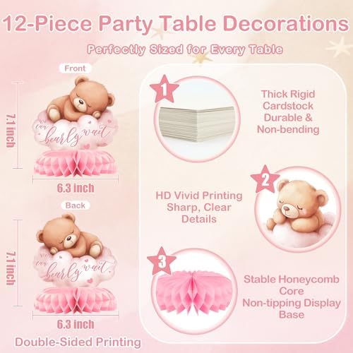 12 Pcs Pink Teddy Bear Baby Shower Decorations for Girl - We Can Bearly Wait Baby Shower Decorations - Pink Bear Balloon Centerpieces for Tables - Girl Baby Shower Honeycomb Table Decor 1st Birthday - Image 2