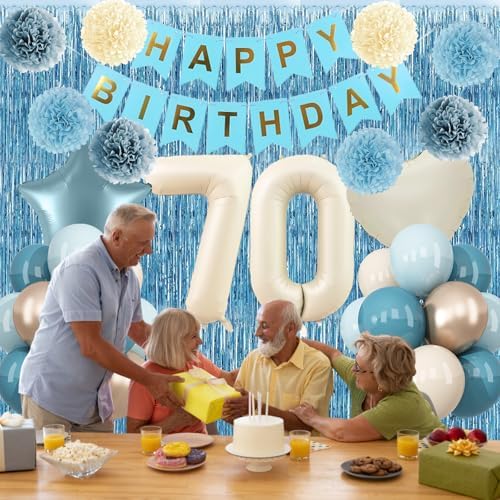 Dusty Blue 70th Birthday Party Decorations Men Beige Number 70 Balloon - Image 3