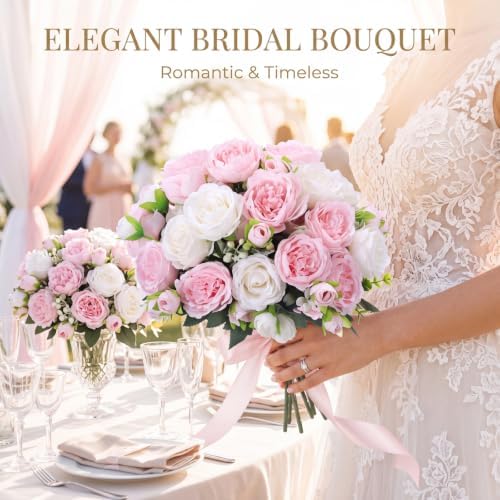 Geosar 8 Bundles Artificial Peonies Flowers,White and Pink - Image 4