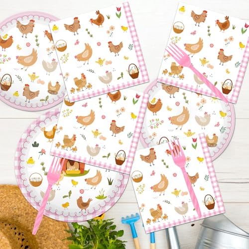 Chicken Birthday Tableware Decorations - 96PCS Chick Plates Napkins and Forks Party Supplies, Disposable Farm Animal Baby Shower Decor for Boys Girls Serve 24 - Image 5