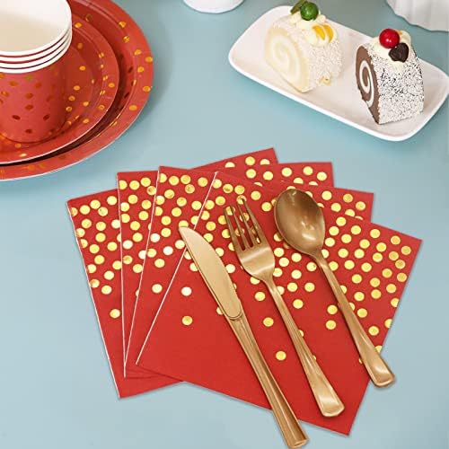 168Pcs Red and Gold Party Decorations, Red Plates and Napkins Party Supplies Serve 24, for Birthday Chinese New Year, Valentines, Mardi Gras (Pack of 2) - Image 5