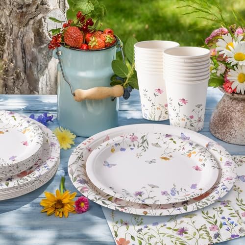 96PCS Wildflower Paper Plates and Napkins, Disposable Floral Plates for Bridal Shower, Garden Party, Wedding, Mother's Day, Spring Party, Baby Shower, Afternoon Tea Party - Image 7