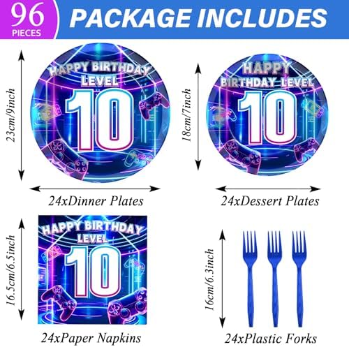96Pcs 10th Birthday Video Game Plates and Napkins Gamer 10 Years Old Party Decorations Purple and Blue Level 10 Dessert Plates 10th Birthday Tableware for 24 Guests Boys Kids Gaming Party Supplies - Image 2