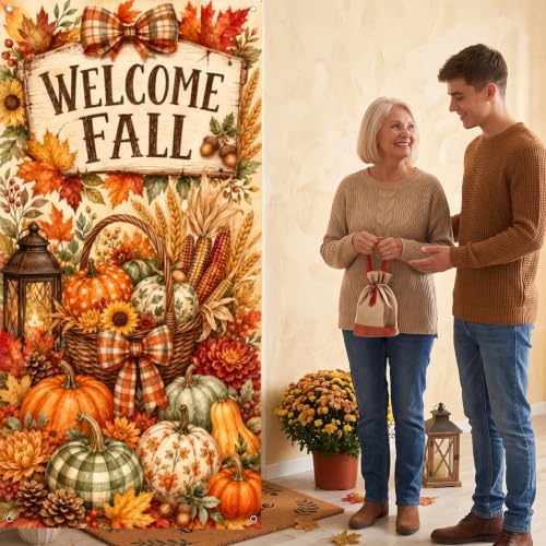Welcome Fall Door Banner 35×71 Inch Autumn Harvest Porch Hanging Flag Vintage Pumpkin Maple Leaf Harvest Door Cover Decor for Rustic Farmhouse Yard Wall Thanksgiving Outdoor Indoor Decoration - Image 7