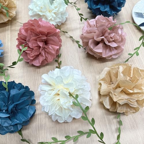Dusty Rose Pink Blue Khaki Beige Tissue Paper Flowers Pom Pom with Leaf Ribbon Hanging Garland Streamer for Birthday Wedding He or She Pink or Blue Themed Party Decorations Supplies - Image 5