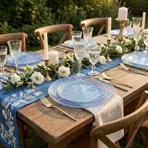 I00000 150 Pcs Clear Blue Plastic Plates, Disposable Hammered Party Plates - Image 4
