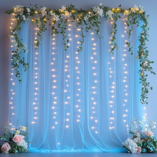 Baby Blue Tulle Backdrop with Fairy Lights for Parites Wrinkle-Free Sheer Curtain Drapes Photo Back Drop for Wedding Baby Shower Bridal Shower Birthday Dance Home Décor- 10ft×8ft, Baby Blue by HOLITS
