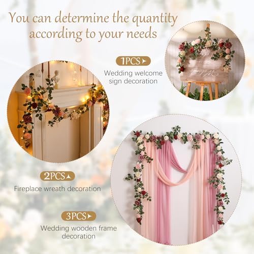2Pcs Garisey 5FT Dusty Rose Artificial Flower Garland Blush Rose Floral Garland Arch Rose Vine for Wedding Ceremony Party Backdrop Decor Arch Flowers Mantel Table Centerpieces Decorations, Burgundy - Image 3