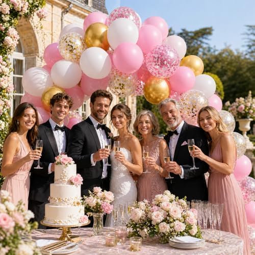 Balloons Pink Gold Confetti, 60 Packs 12 Inch Pink White Metallic Gold Balloon for Girls Birthday Wedding Bridal Baby Shower Princess Party Decorations - Image 5