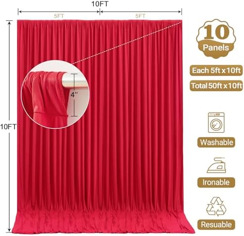 50x10ft Red Backdrop Curtain Panels for Parties - Wrinkle Free Polyester Photo Curtain Backdrop Wedding Back Drop Fabric Drapes for Party Decorations Background for Photography - Image 4