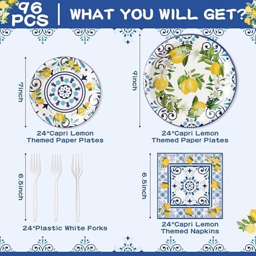 96Pcs Capri Lemon Blue Tiles Yellow Lemon Summer Citrus Fruit Party Plates Supplies Tableware Decorations Disposable Paper Plates Napkins Forks for Kids Birthday Baby Shower, Serves 24 - Image 2