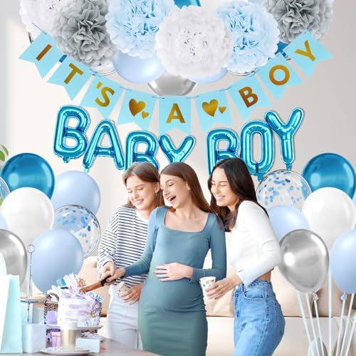 Vicduotex Blue Baby Shower Decorations with Grey Paper Pom Poms - Image 4
