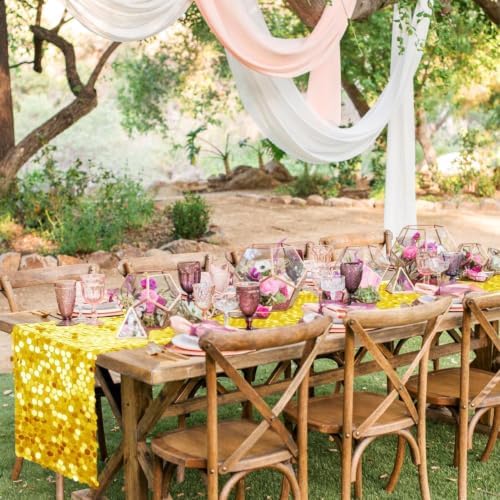 Pufogu 12 "x 108" Yellow Premium Big Payette Sequin Overlay Linens mesh Table Runner, Rectangle Glitter Table Runner for Wedding Party, Birthday Party, Banquet Decor (3 Pack). - Image 6
