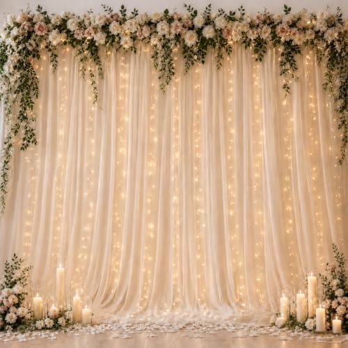 Ledido 10×8ft Champagne Tulle Backdrop Curtains with Lights(2 Panels 5×8ft) by Ledido