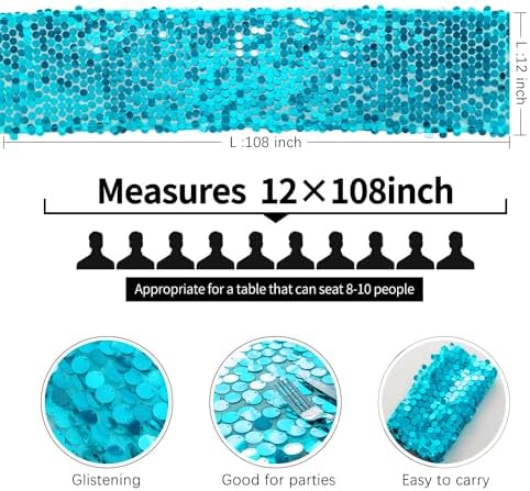 Pufogu 12 x 108 Inch Sequin Table Runner, Turquoise Glitter Premium Big Sequin Table Runner, Rectangle Table Runners for Halloween, Christmas, Wedding Party, Birthday Party, Banquet Decor (1 Pack). - Image 4