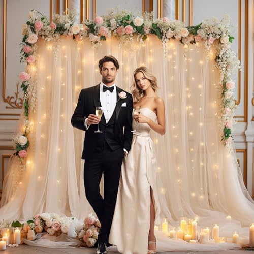 20x8ft Champagne Tulle Backdrop Curtain with Lights String for Parites, Sheer Photo Backdrop Curtains with Lights for Wedding Backdrop Ceremony Reception Bridal Shower Baby Shower Birthday Party - Image 5