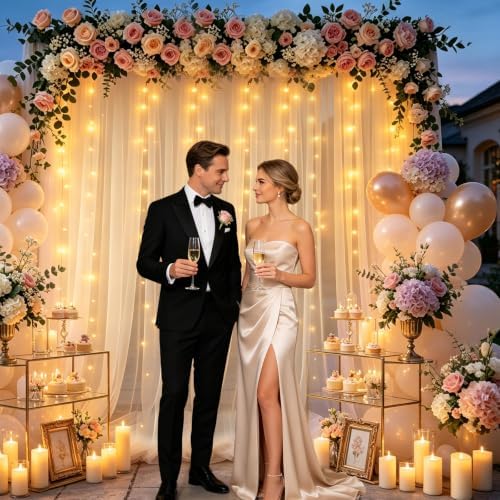 Tulle Backdrop Curtain with Lights String 10FT X 10FT Champagne Sheer Tulle Backdrop Curtains for Wedding Birthday Baby Shower Party Reception Photo Booth Decorations (2 Panels 5x10FT) - Image 4