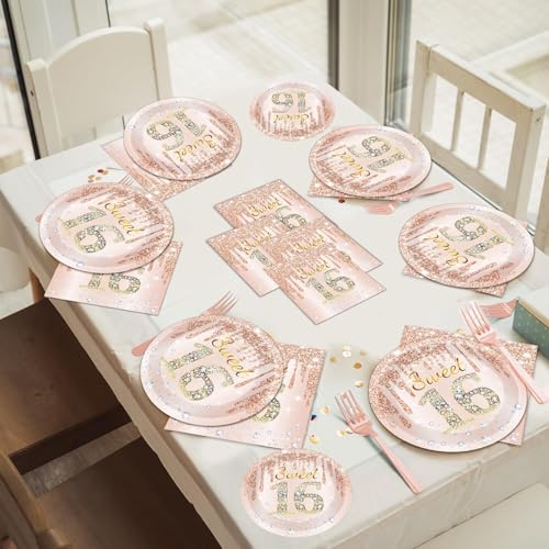CHUNNIN 200 PCS Rose Gold Sweet 16 Party Plates Napkins Pink Rose Gold Tableware Set for Girls Sweet 16th Party Decoration Dessert Plates Forks Serve 50 Guests for Girls 16th Birthday Supplies - Image 5