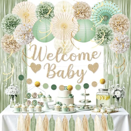 Sage Green Baby Shower Decorations with Banner Fringe Curtains by Unknown